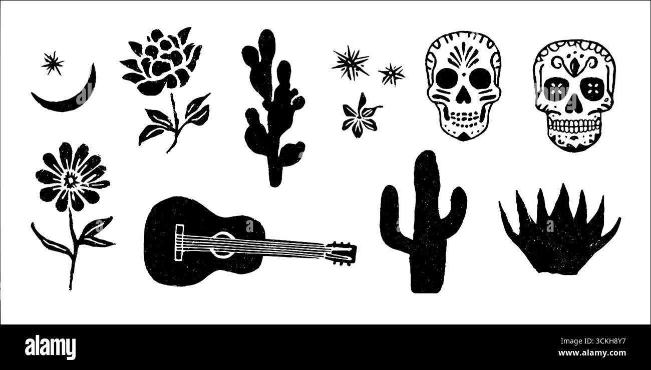 Motivo linocut ispirato a Fiesta con teschi, cactus ed elementi floreali per un design artistico. Illustrazione Vettoriale