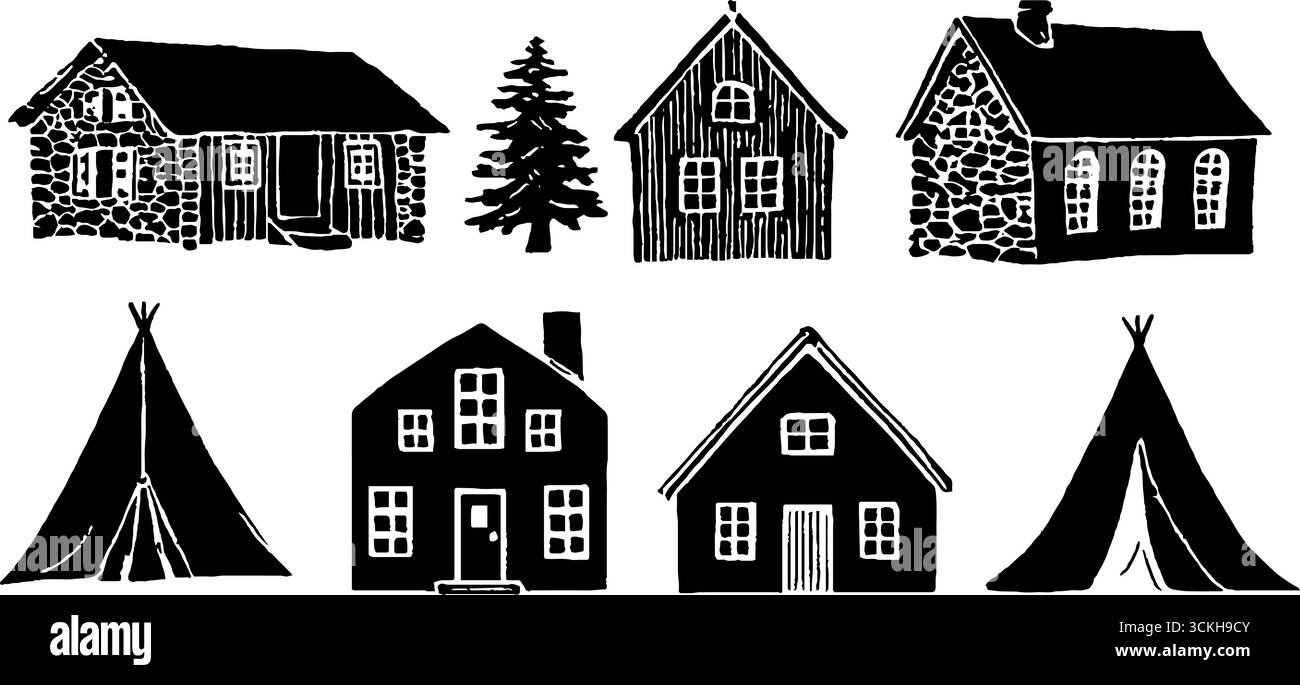 Collezione rustica di case in linocut: Capanne in legno e villaggio in pietra per il design scandinavo. Illustrazione Vettoriale Collezione rustica di case in linocut: Capanne in legno e villaggio in pietra per il design scandinavo. Illustrazione Vettoriale