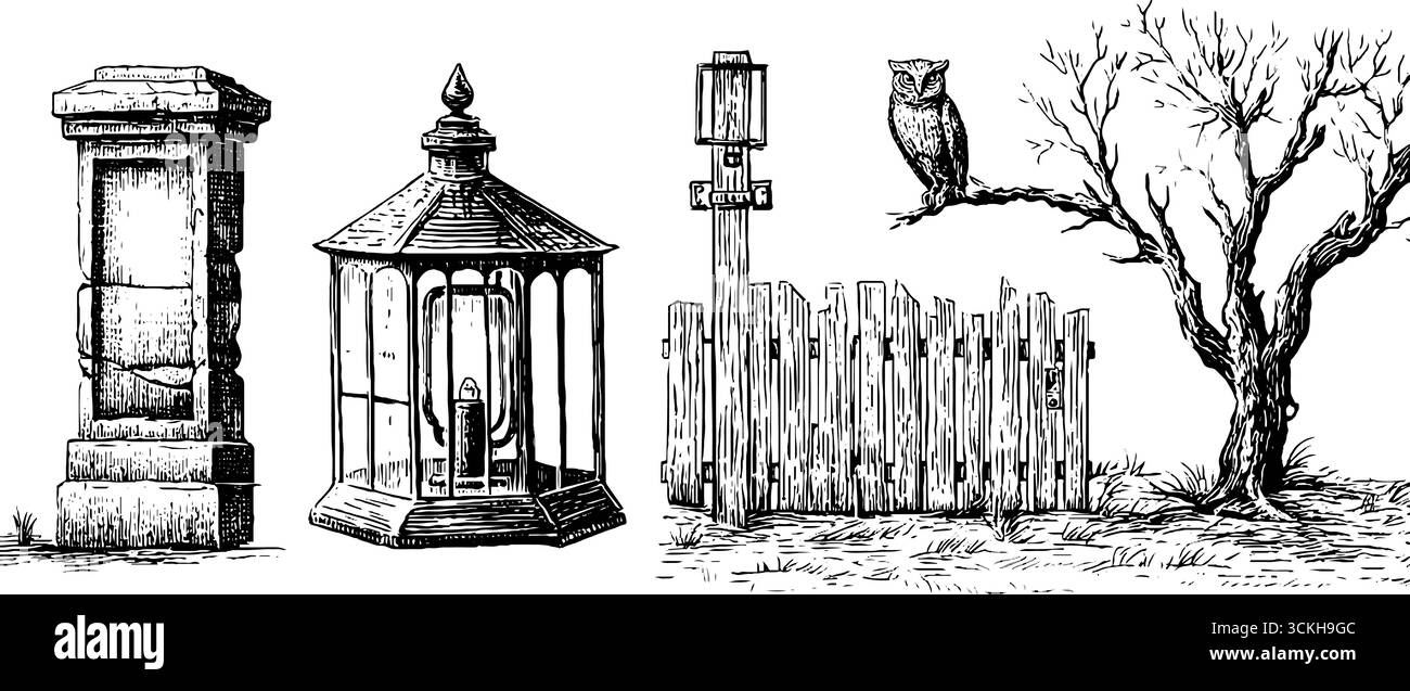 Set illustrativo di case infestate con finestre rotte ed elementi spettrali per l'arredamento di halloween. Illustrazione Vettoriale