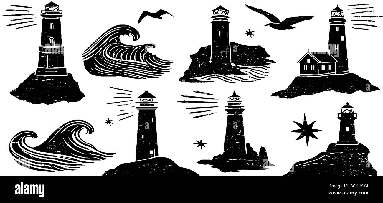 Fari costieri e gabbiani - collezione di design nautico linocut per arte murale e artigianato. Illustrazione Vettoriale