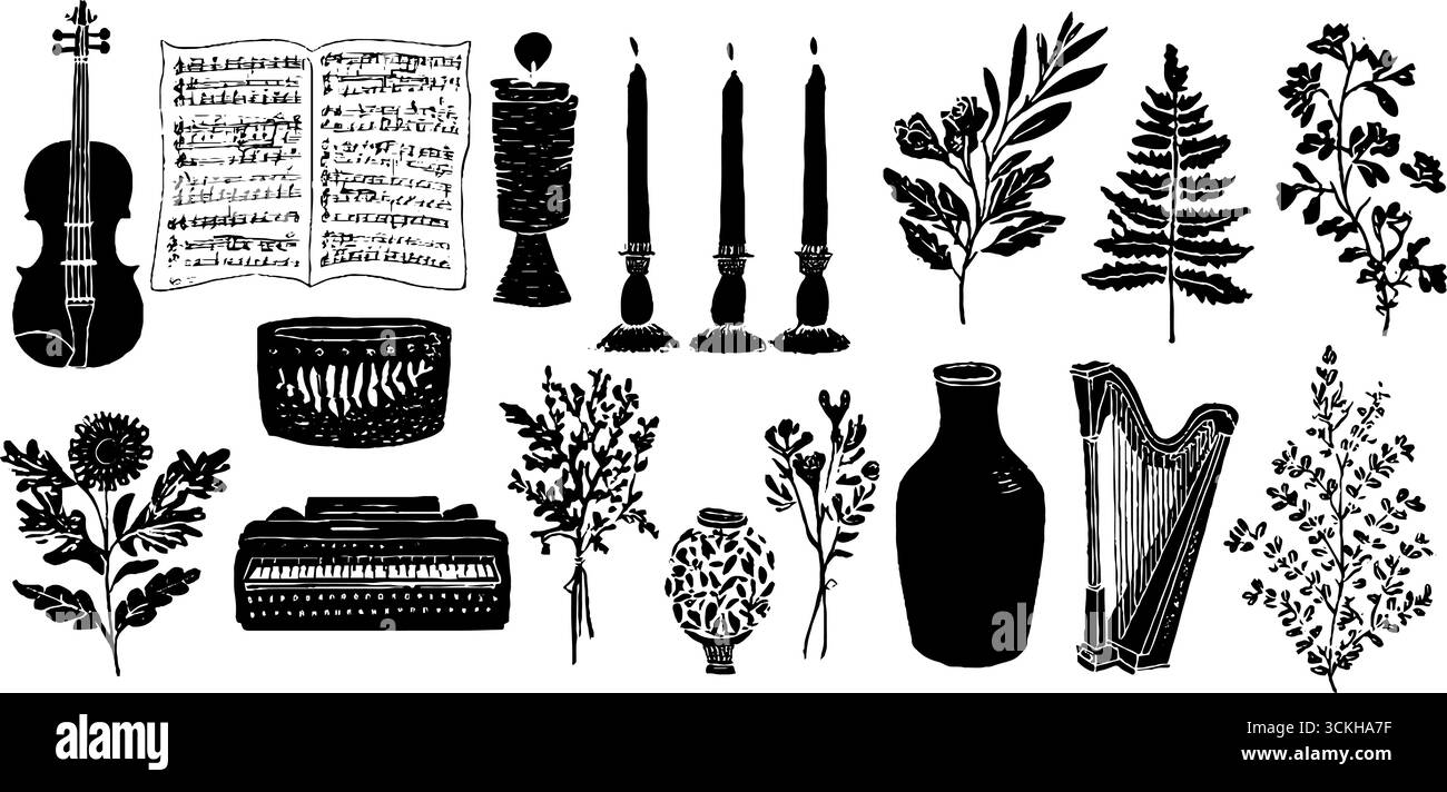 Elementi di composizione musicale con violino, spartiti e collezione di linocut di strumenti per un design d'arte vintage. Illustrazione Vettoriale