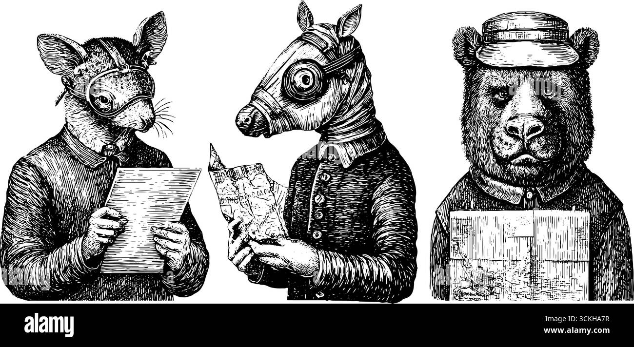 Intricati esploratori di animali d'epoca incidono - mappe retrò uniche e tema avventura. Illustrazione Vettoriale