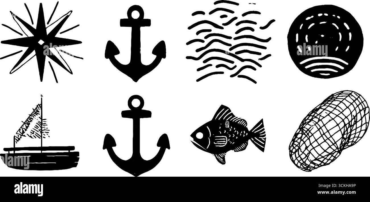 Collezione di simboli linocut nautici con rose a bussola e disegni di ancora per arte a tema marino. Illustrazione Vettoriale