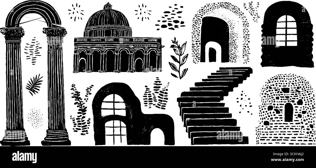 Collezione in linocut di architettura rinascimentale con edifici a cupola e archi per progetti di design. Illustrazione Vettoriale