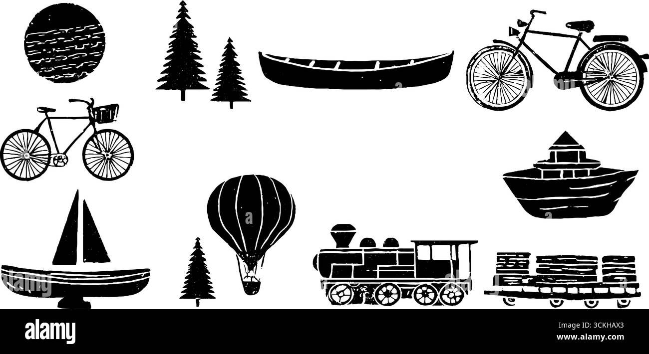 Collezione di trasporto vintage in linocut: Bicicletta, canoa, barca a vela e molto altro ancora per un design retrò. Illustrazione Vettoriale