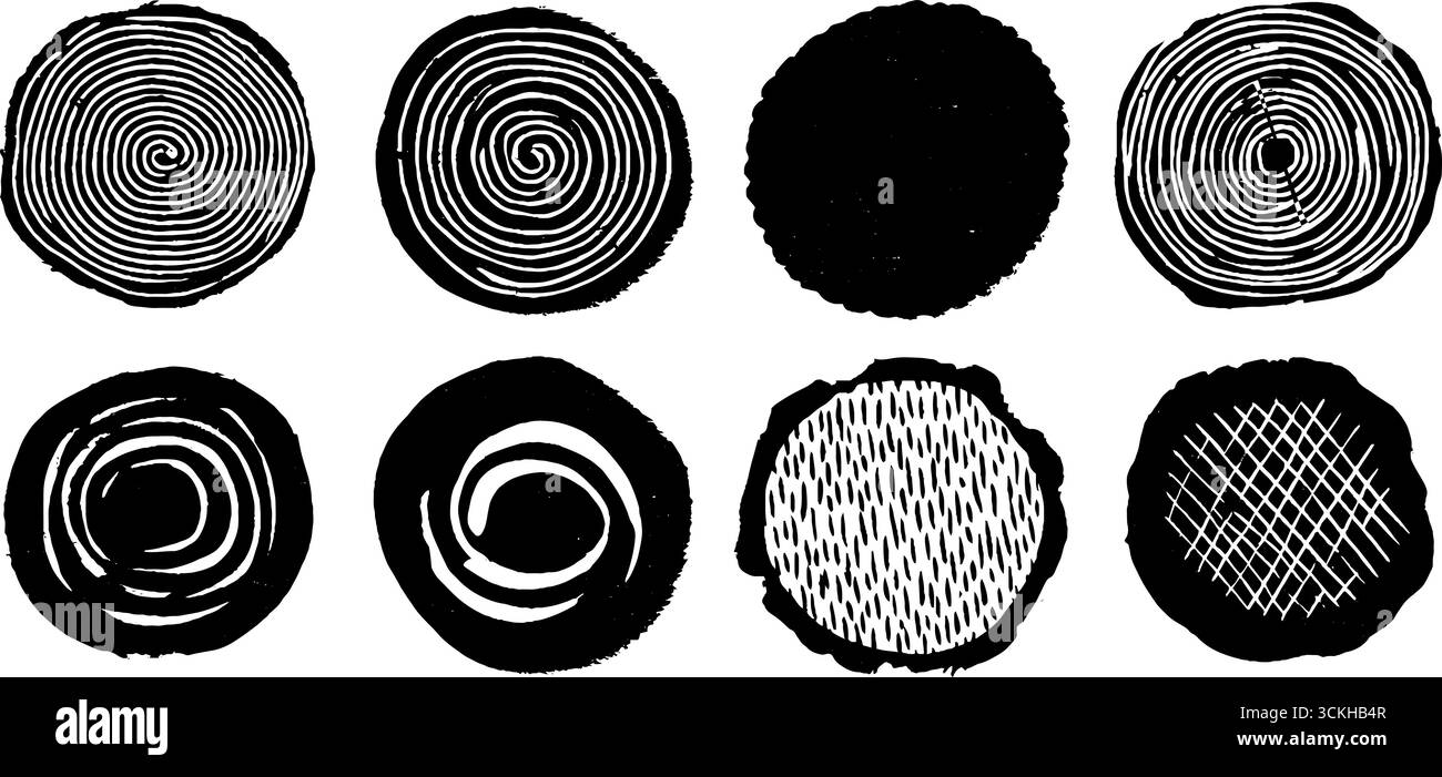 Sfondi a spirale astratti Linocut e a linea ondulata per progetti boho. Illustrazione Vettoriale