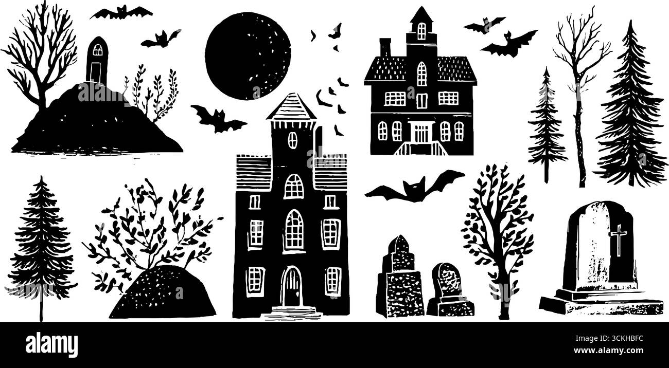 Le spaventose silhouette della casa infestate dai fantasmi di halloween, con boschi ed elementi celesti, donano un design vintage. Illustrazione Vettoriale
