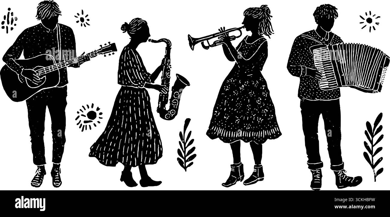 Linocut Street Music Collection con chitarra, sassofono, violino e sassofono per il design artistico. Illustrazione Vettoriale