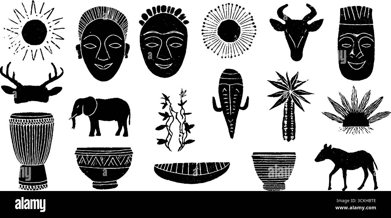 Set di linocut culturali africani: Maschere, tamburi e design calabash per progetti d'arte boho. Illustrazione Vettoriale