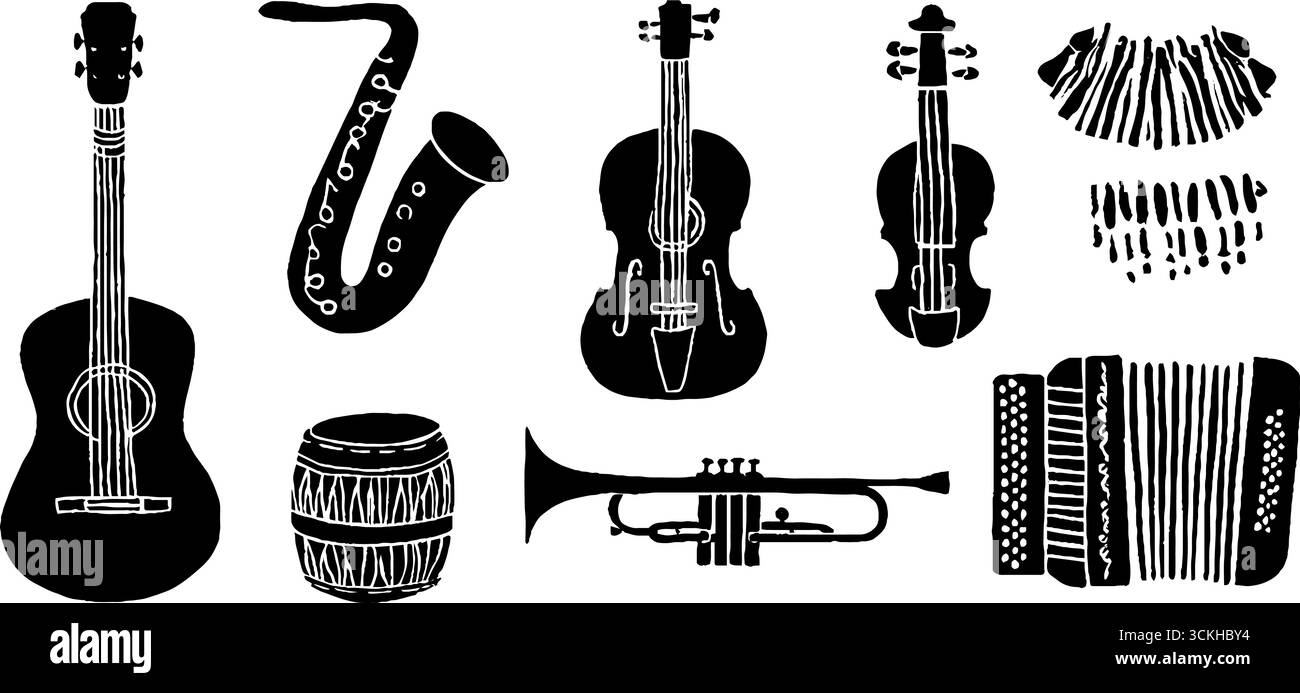 Linocut Street Music Collection: Chitarra, sassofono, violino per design vintage. Illustrazione Vettoriale