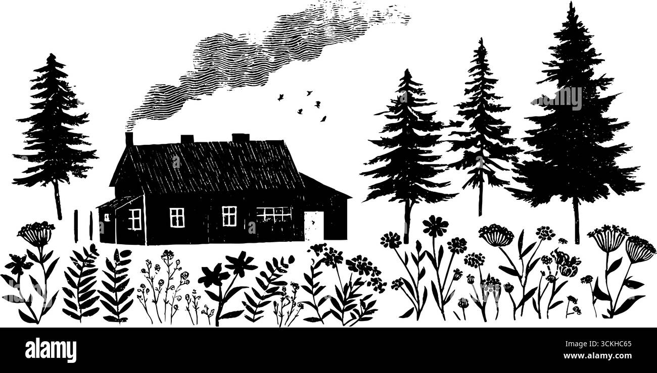 Ambiente rustico in stile casalingo con alberi e fiori, tema scandinavo per la decorazione. Illustrazione Vettoriale