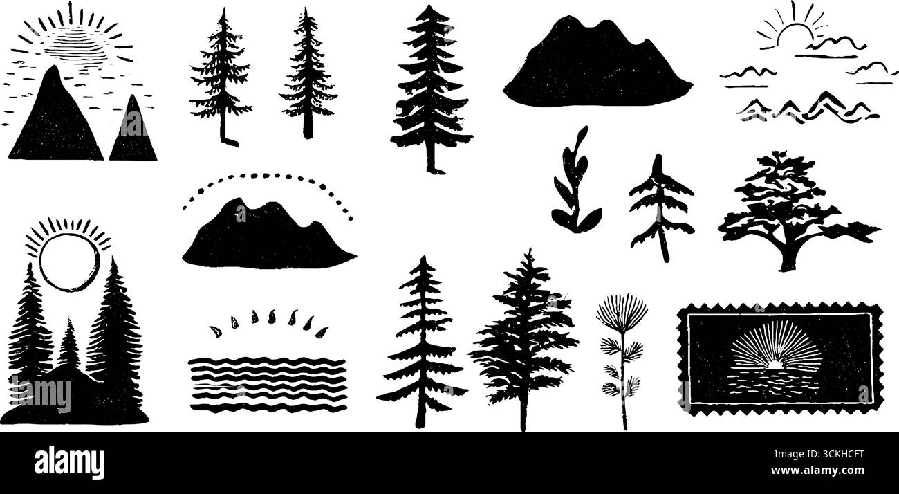 Collezione di bordi vintage a tema Travel linocut per progetti di design creativo. Illustrazione Vettoriale