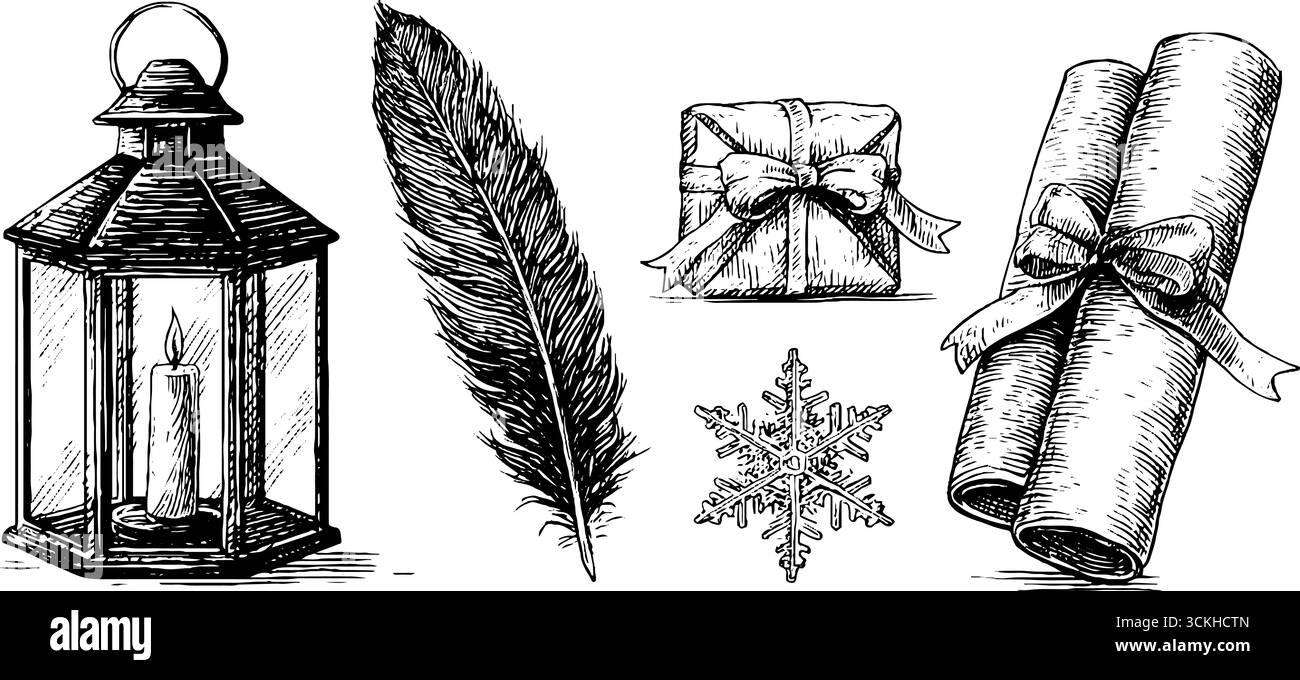 Lanterna e set di candele per le festività natalizie. Illustrazione Vettoriale