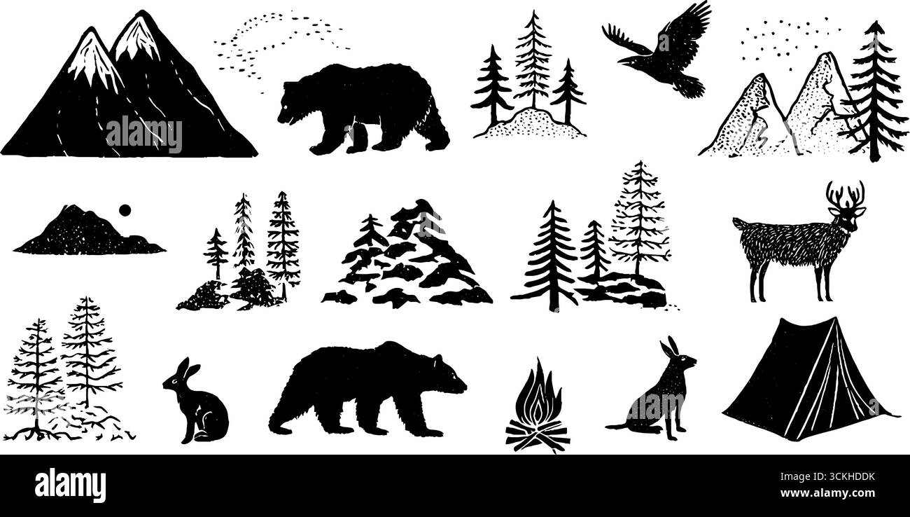 Montagna rocciosa di Linocut con pini, aquile e fauna selvatica per progetti di progettazione naturalistica. Illustrazione Vettoriale