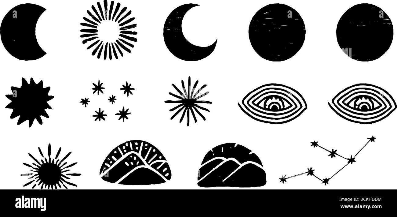 Set di fantasie mistiche celestiali a taglio lineare con luna crescente e stelle per un design boho. Illustrazione Vettoriale