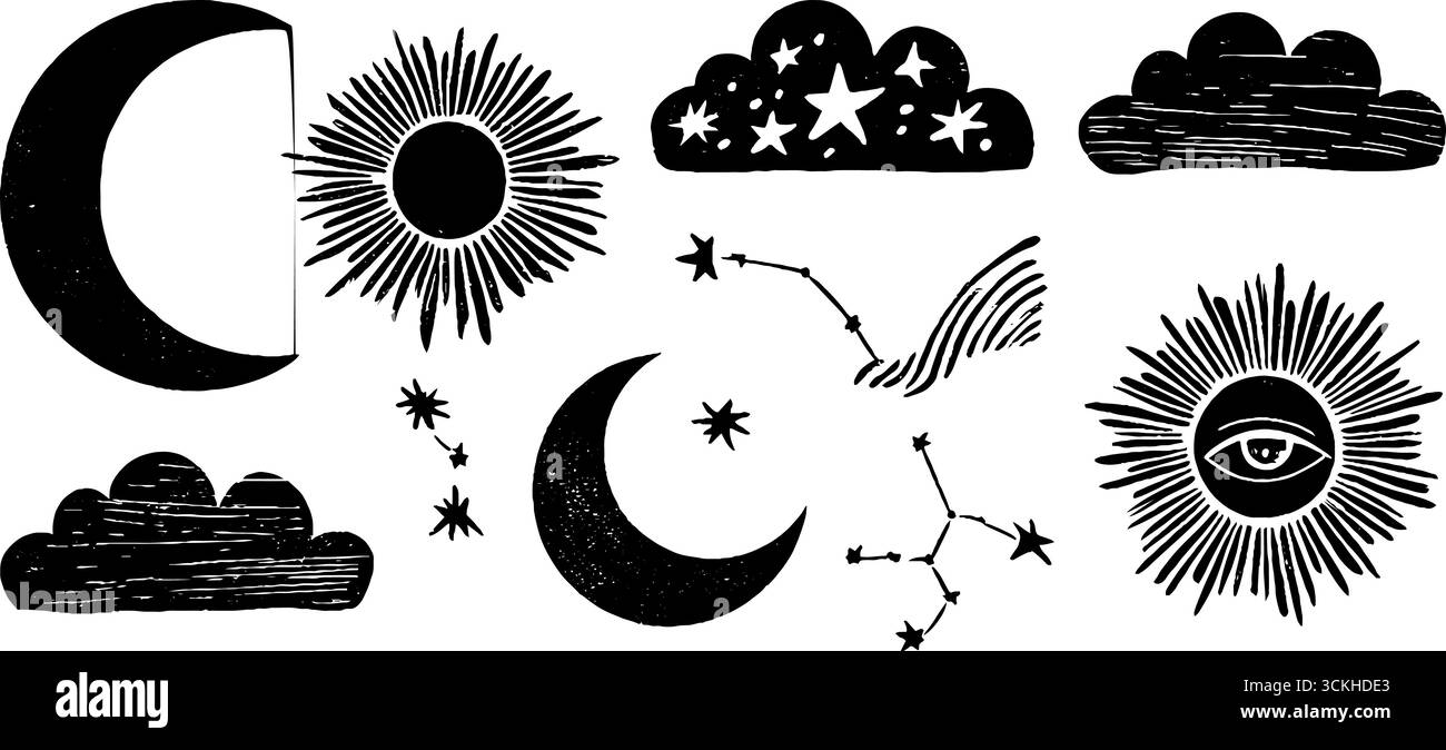 Fantasie mistiche a taglio lineare con luna crescente, stelle ed elementi celesti per il design. Illustrazione Vettoriale