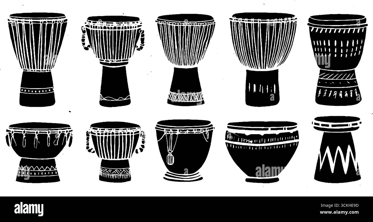 Linocut drum Collection con djembe, bongo, conga e rullante per progetti di design. Illustrazione Vettoriale