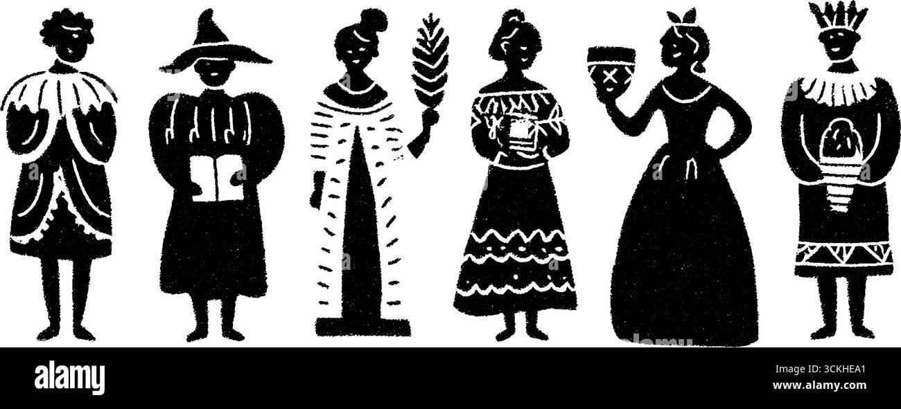 Set di persone in stile rinascimentale con studiosi e figure in abiti tradizionali per un design vintage. Illustrazione Vettoriale