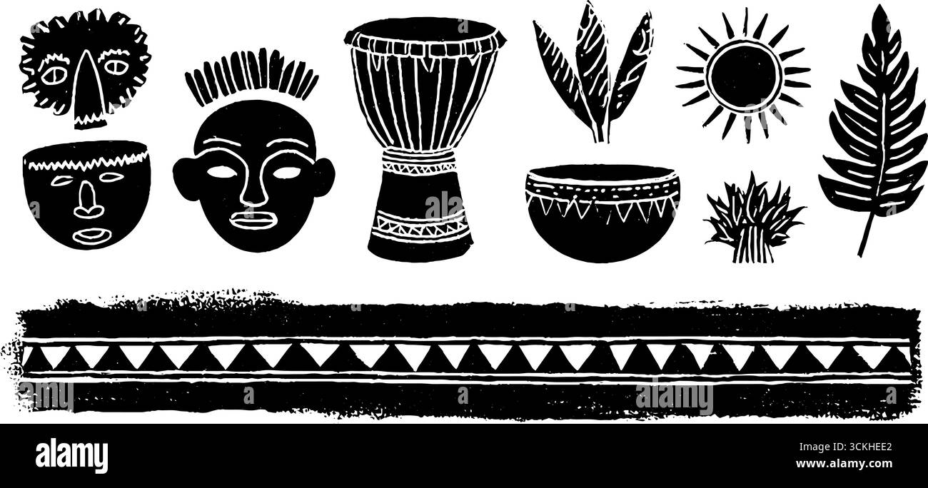 Arte linocut africana di maschere, tamburi, soli e foglie per il design culturale e la decorazione. Illustrazione Vettoriale