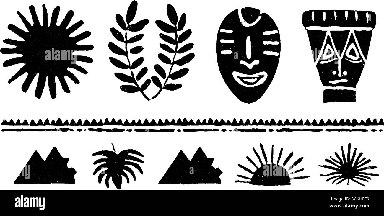 Design linocut africano con maschere, tamburi, sole e foglie per progetti creativi. Illustrazione Vettoriale