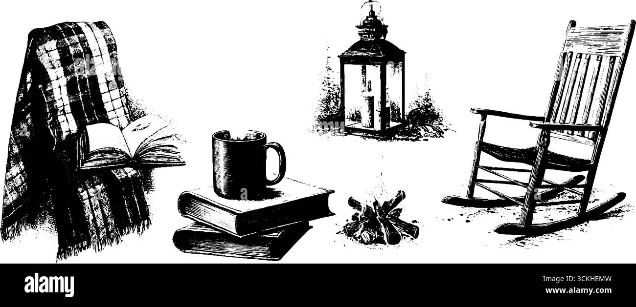 Accogliente scenario serale autunnale con coperta di lana, lanterna e sedia a dondolo per un design stagionale. Illustrazione Vettoriale