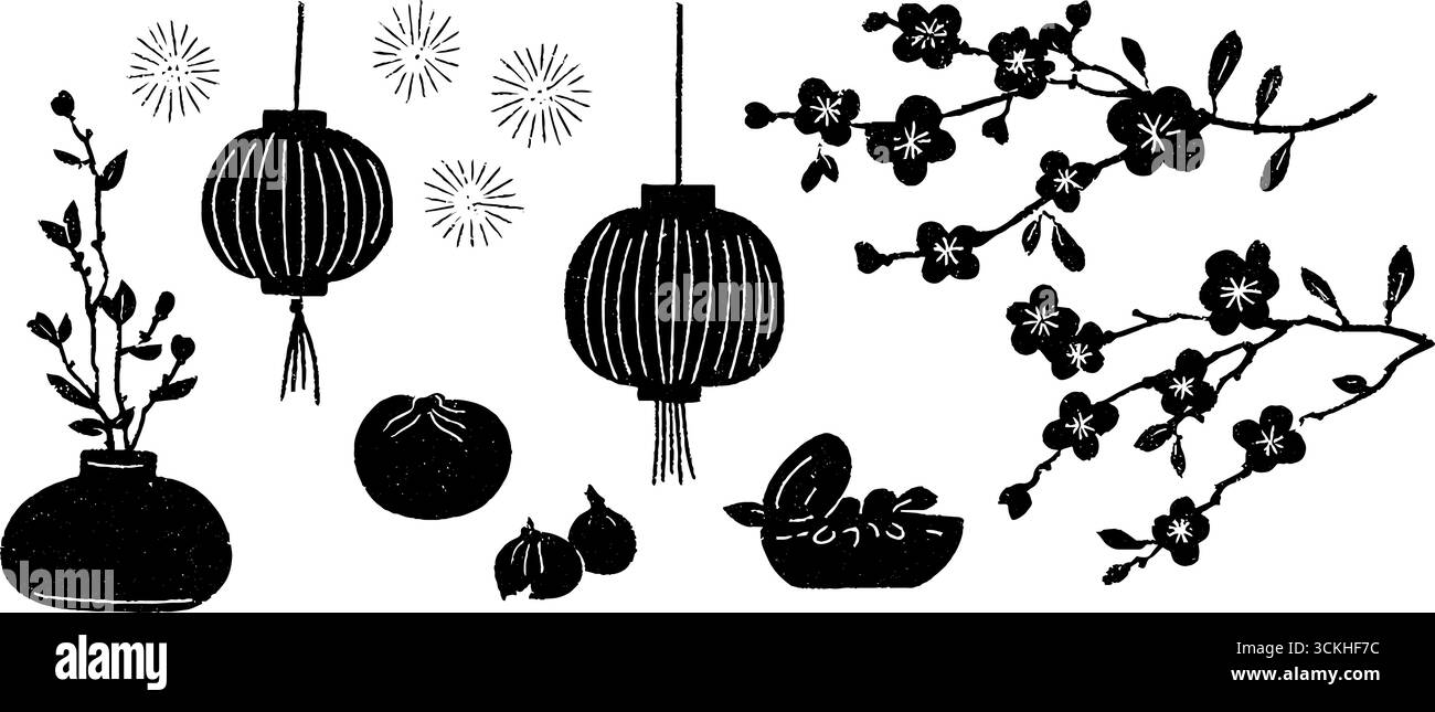 Capodanno cinese motivo senza cuciture con lanterne e fiori per un design festivo. Illustrazione Vettoriale
