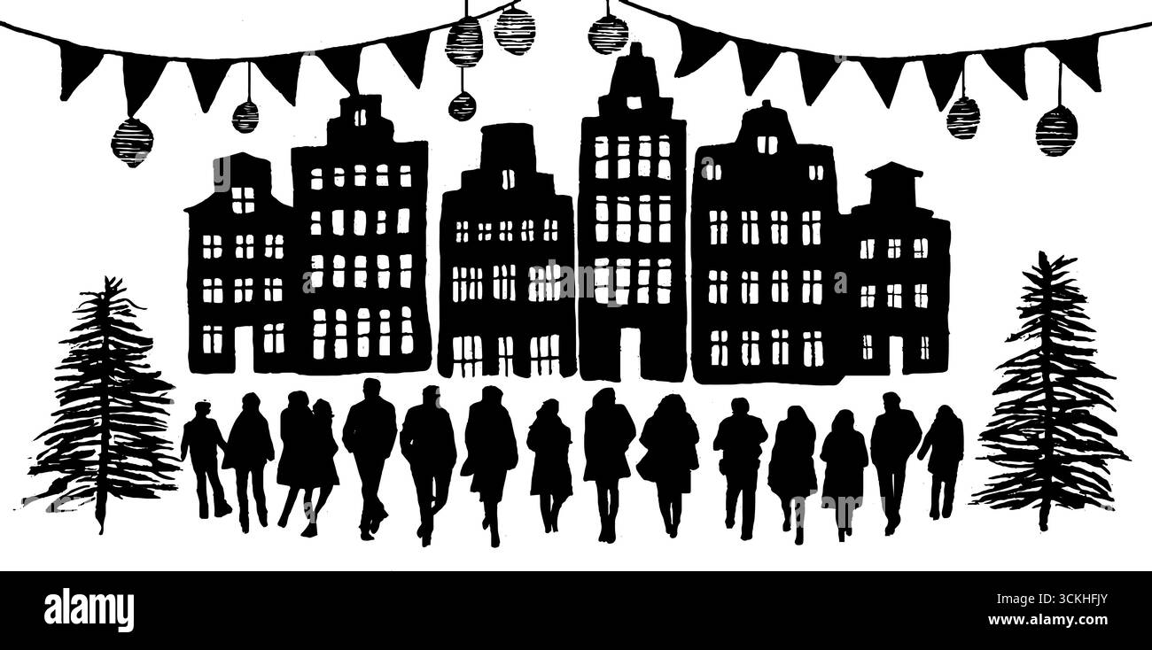 Linocut City Street con sagome di persone ed edifici per un design di arte urbana. Illustrazione Vettoriale