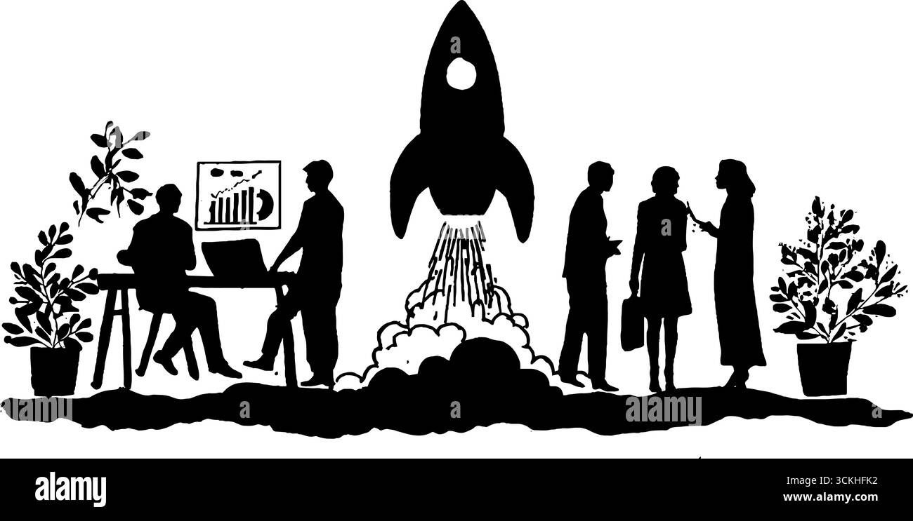 Tema di avvio Linocut con lancio di razzi e team aziendale per un design innovativo. Illustrazione Vettoriale