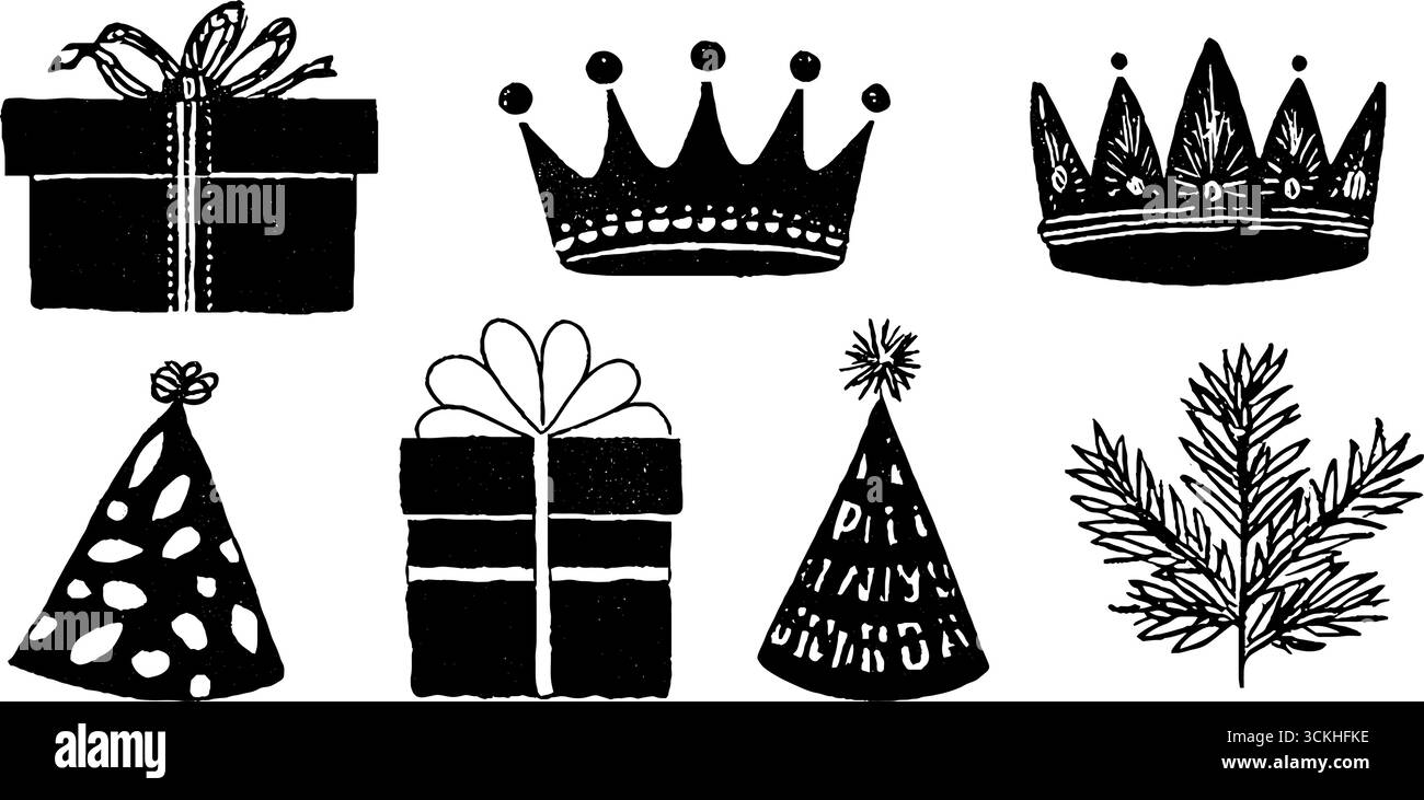 Set di icone per festività con decorazioni in linocut, scatole regalo, corone e cappelli da festa, ideale per progetti di design per le festività. Illustrazione Vettoriale
