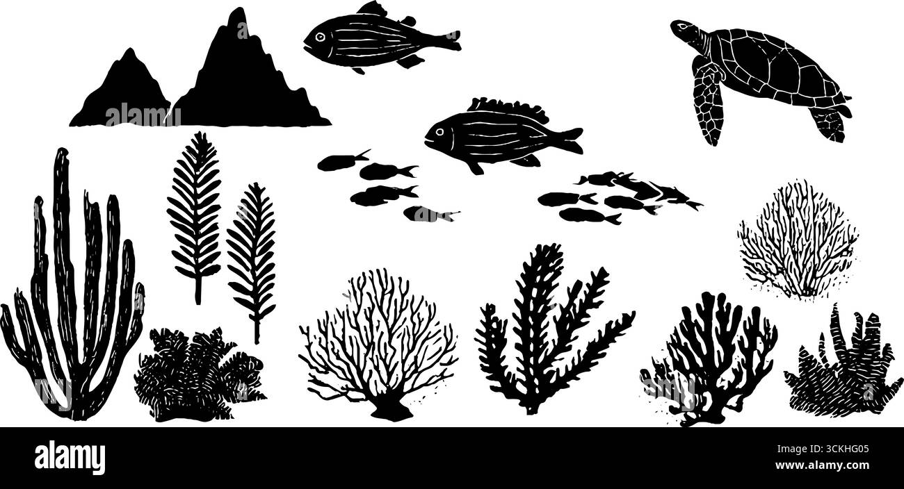 Composizione della barriera corallina linocut con coralli e pesci per disegni a tema oceanico. Illustrazione Vettoriale