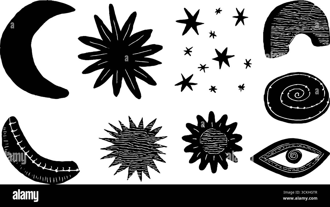 Fantasie mistiche celesti linocut con luna crescente e stelle per un design boho. Illustrazione Vettoriale