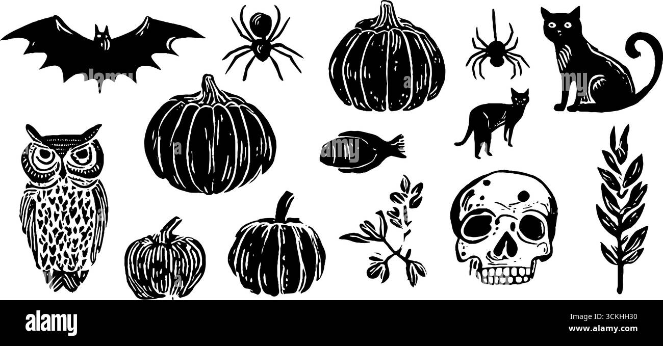 Collezione Halloween linocut con zucche, pipistrelli e sagome spettrali per un design stagionale. Illustrazione Vettoriale