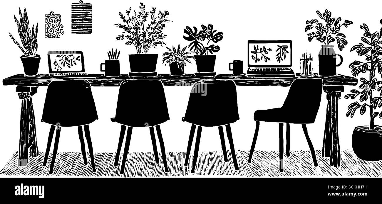 Tema ufficio Linocut motivo senza cuciture con laptop, penne e tazze per progetti creativi. Illustrazione Vettoriale