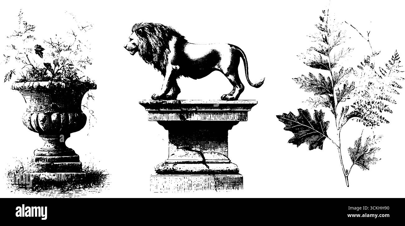 Statua di animali d'epoca con incisione a fogliame per decorazioni e arte retrò. Illustrazione Vettoriale