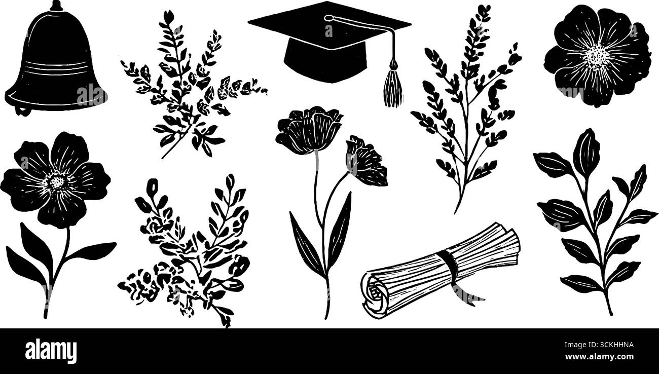 Set per feste di laurea Linocut con cappello, campana e diploma per progetti di design. Illustrazione Vettoriale