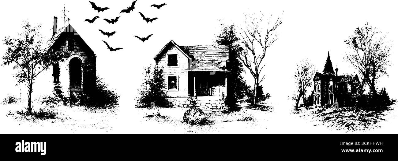 Inquietante collezione di case infestate dai fantasmi - incisione vintage disegnata a mano di architettura spettrale. Illustrazione Vettoriale