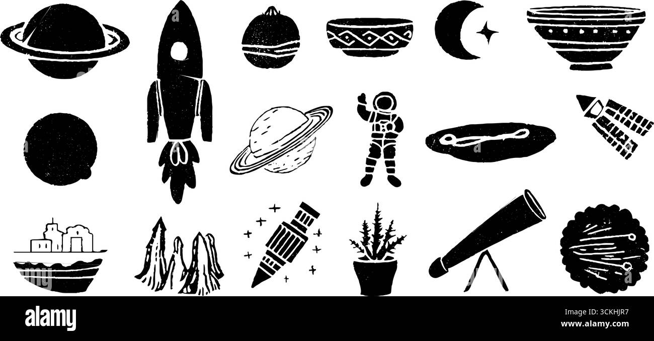 Set linocut per l'esplorazione dello spazio celeste con razzi e astronauta per un design creativo. Illustrazione Vettoriale