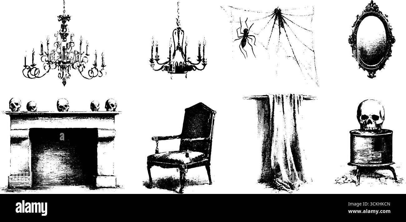 Collezione di interni di case infestate dai fantasmi con lampadario, ragno, specchio e teschi per l'arredamento di halloween. Illustrazione Vettoriale