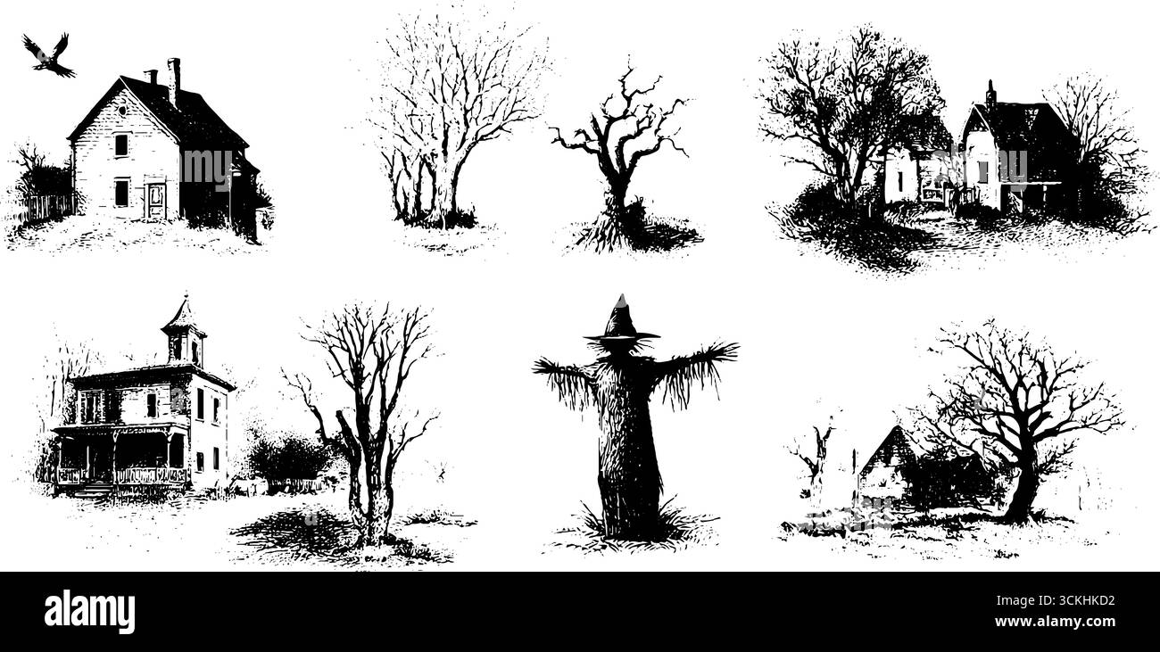 Collezione di scene di strada del villaggio infestato dai fantasmi con case e alberi spaventosi per l'arredamento di halloween. Illustrazione Vettoriale