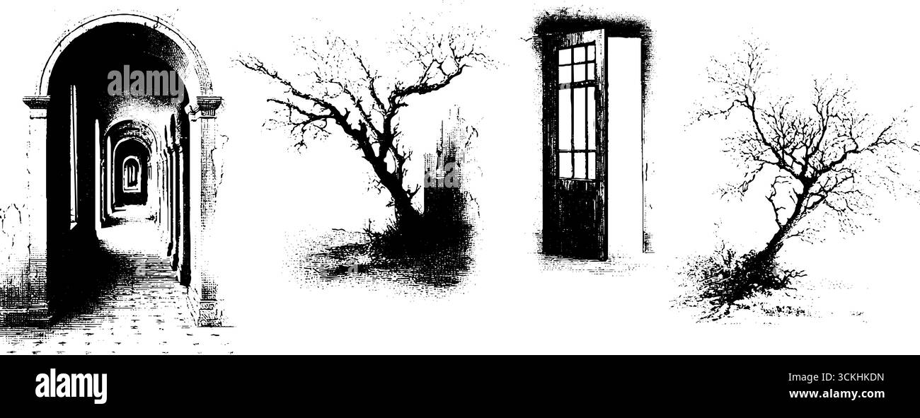 Corridoio stregato e collezione di alberi: Scena architettonica con incisioni d'epoca. Illustrazione Vettoriale