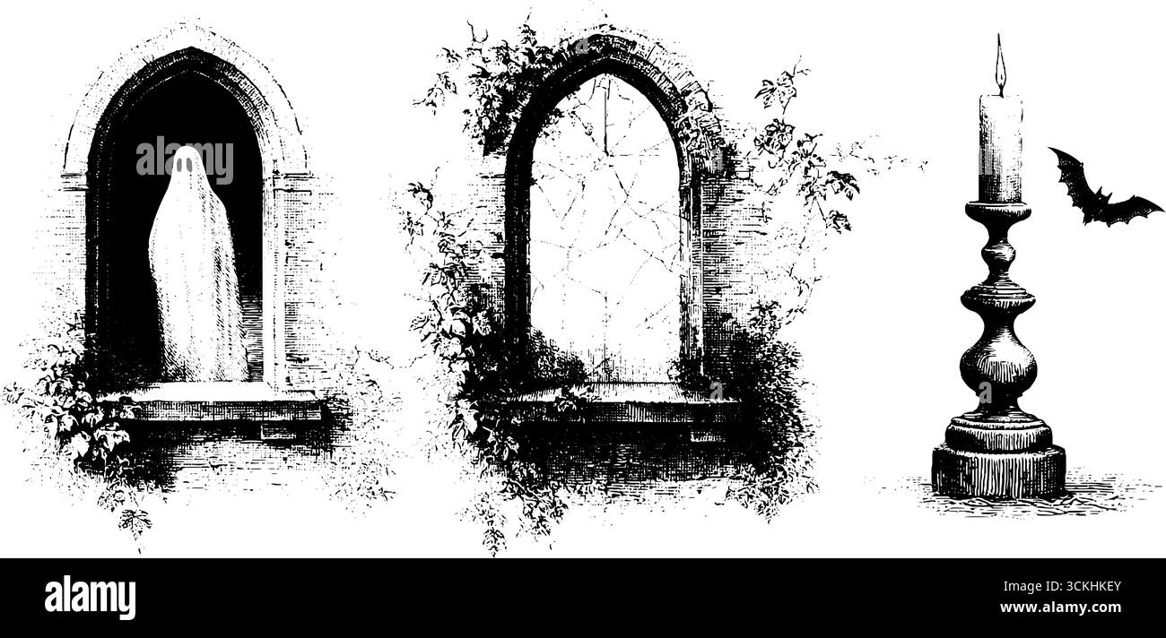 Collezione di ombre e finestre infestate dai fantasmi per il design di halloween. Illustrazione Vettoriale