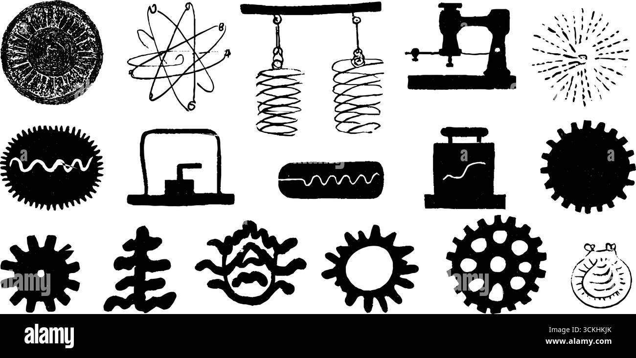 Collezione di simboli fisici Linocut con pendolo a magnete atomico per il design didattico. Illustrazione Vettoriale