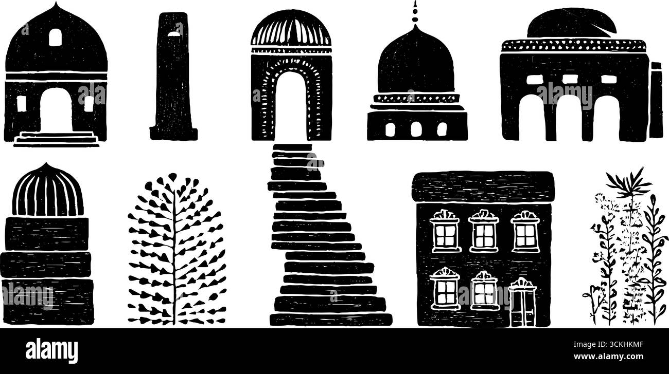 Collezione in linocut di architettura rinascimentale con edifici a cupola e silhouette per progetti di design. Illustrazione Vettoriale