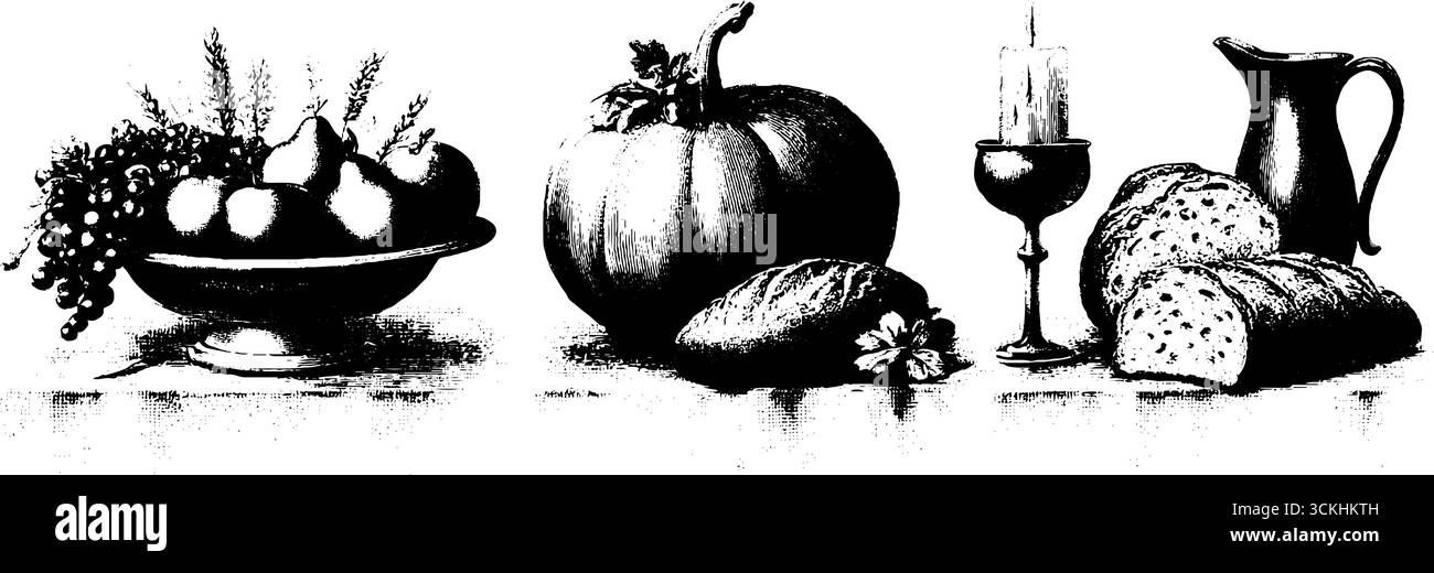 Ambiente rustico autunnale con zucche e pane per un arredamento stagionale. Illustrazione Vettoriale