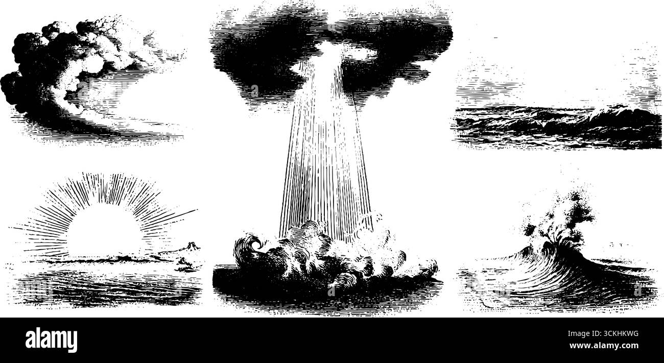 Collezione Aurora Effects and Atmospheric Phenomena - incisione di elementi di design per progetti artistici. Illustrazione Vettoriale