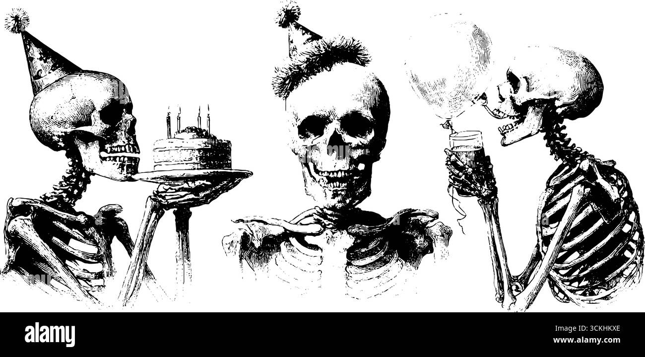 Scheletri vintage di compleanno con torta e palloncini incisi per le feste. Illustrazione Vettoriale