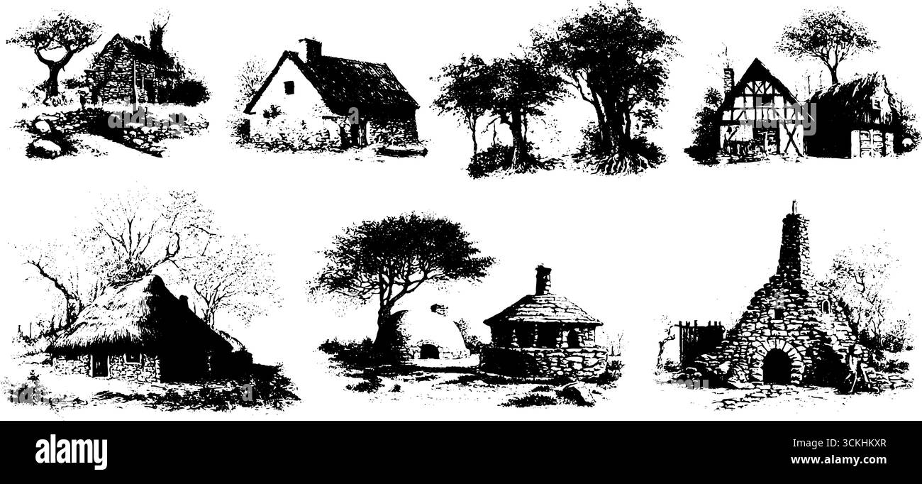 Incisione della collezione di case rustiche del villaggio per il design e l'arredamento. Illustrazione Vettoriale