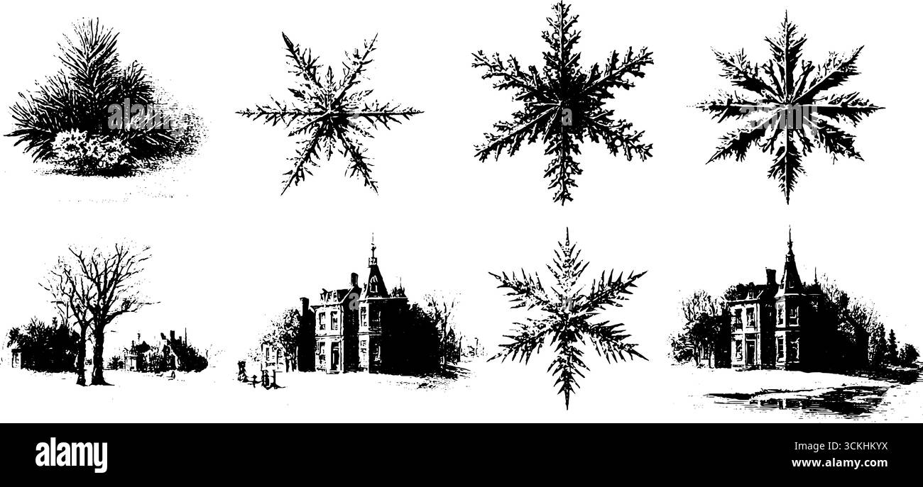 Collezione vintage di fiocchi di neve e ambientazioni invernali: Design geometrici per un arredamento di stagione. Illustrazione Vettoriale