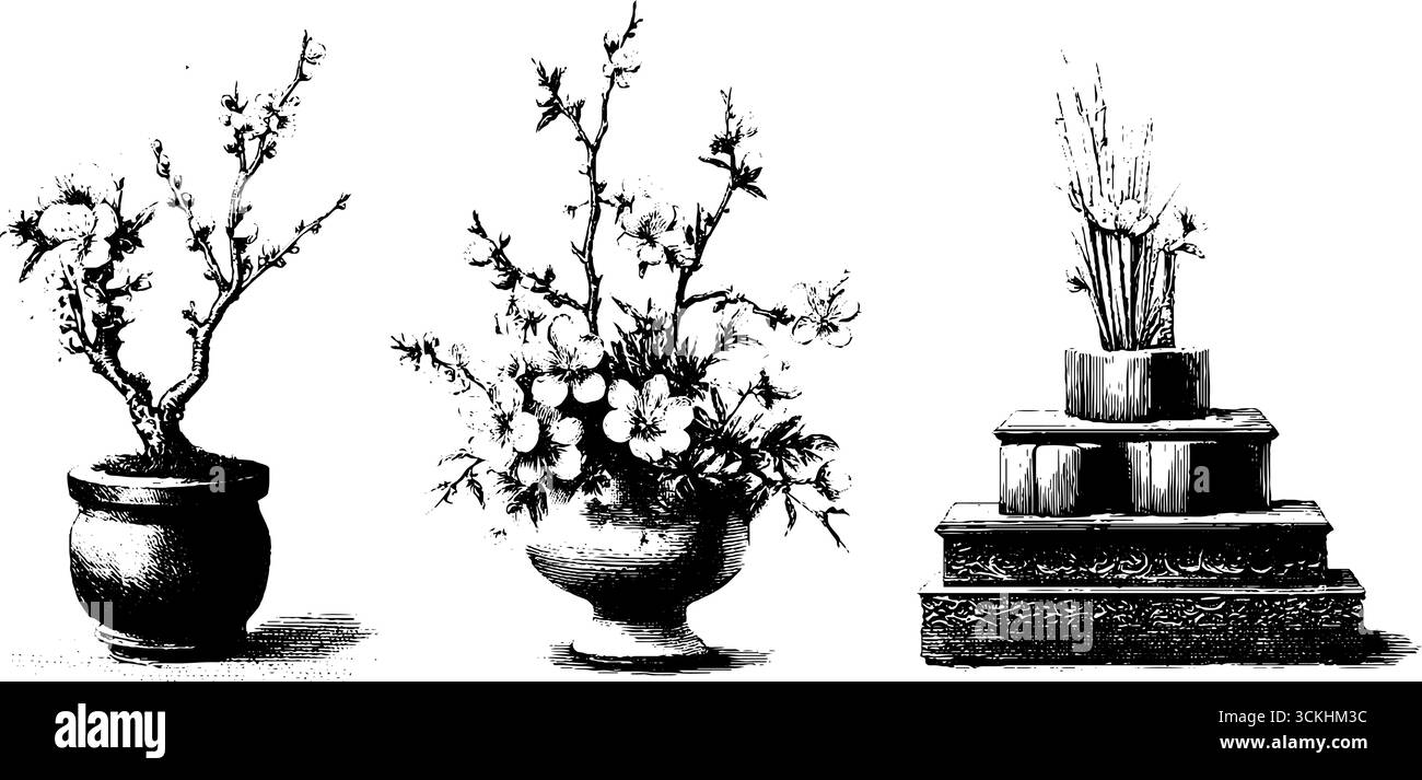 Collezione di incisioni sulle tradizioni vietnamite: Composizioni floreali e offerte rituali. Illustrazione Vettoriale