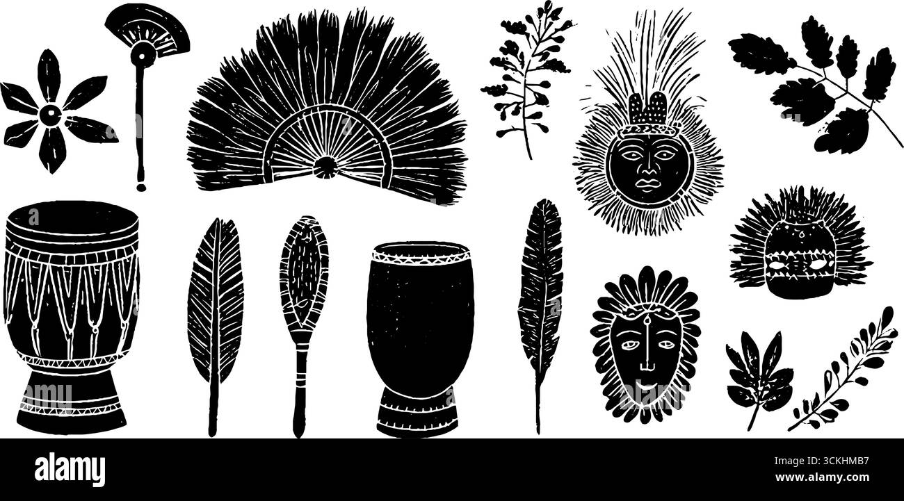 Collezione di articoli rituali sciamanici con tamburi, piume e maschere per un design bohémien. Illustrazione Vettoriale